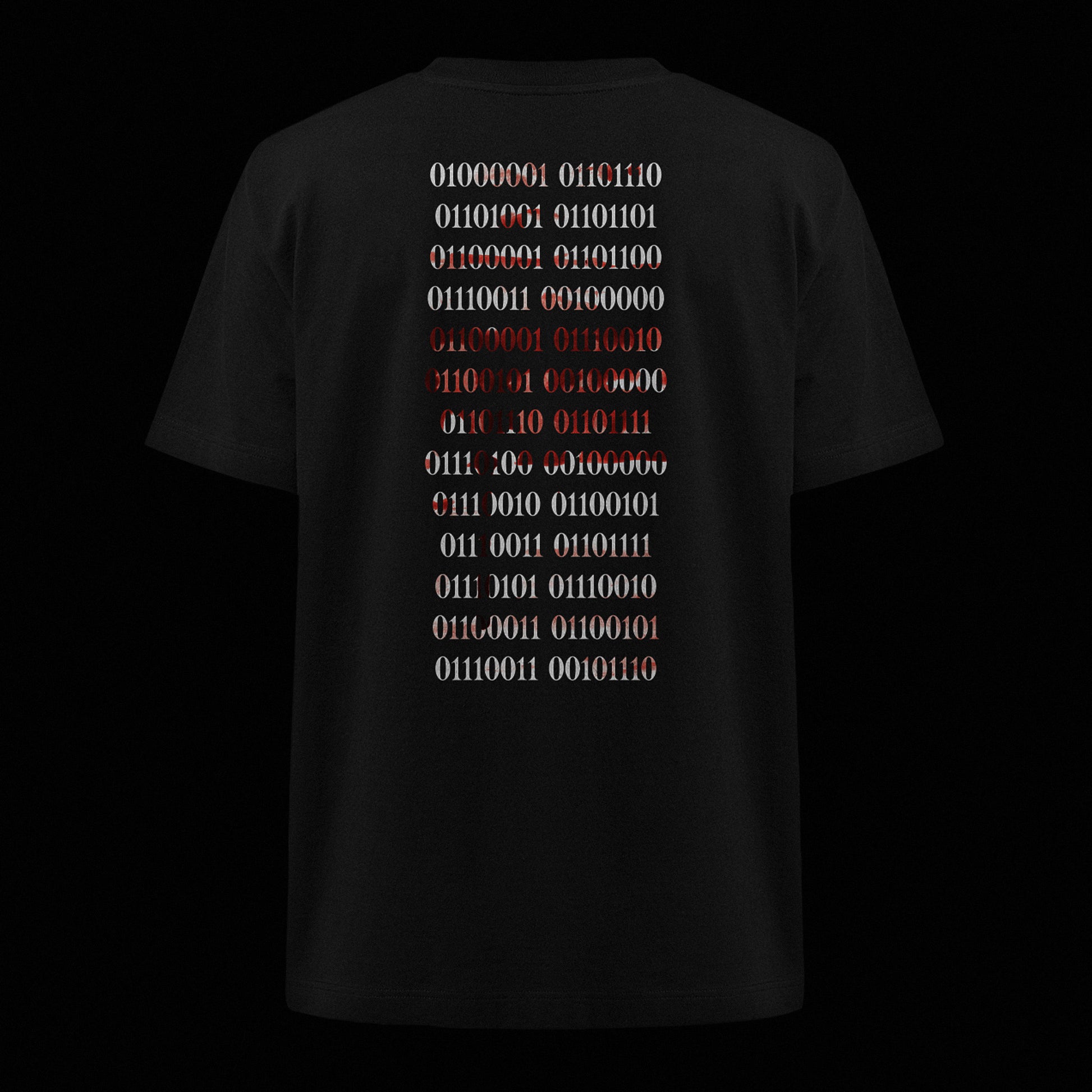 Ghost-Mockup des schwarzen Oversized Unisex T-Shirts von Natura Umbra mit Backprint „Binärcode“ – Stanley/Stella Freestyler.