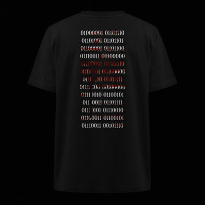 Ghost-Mockup des schwarzen Oversized Unisex T-Shirts von Natura Umbra mit Backprint „Binärcode“ – Stanley/Stella Freestyler.