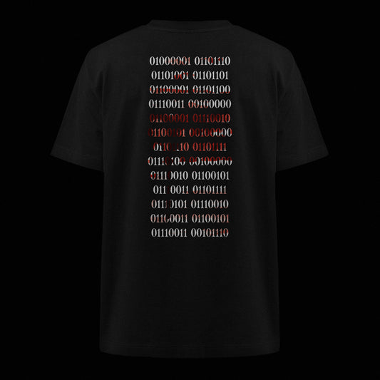 Ghost-Mockup des schwarzen Oversized Unisex T-Shirts von Natura Umbra mit Backprint „Binärcode“ – Stanley/Stella Freestyler.