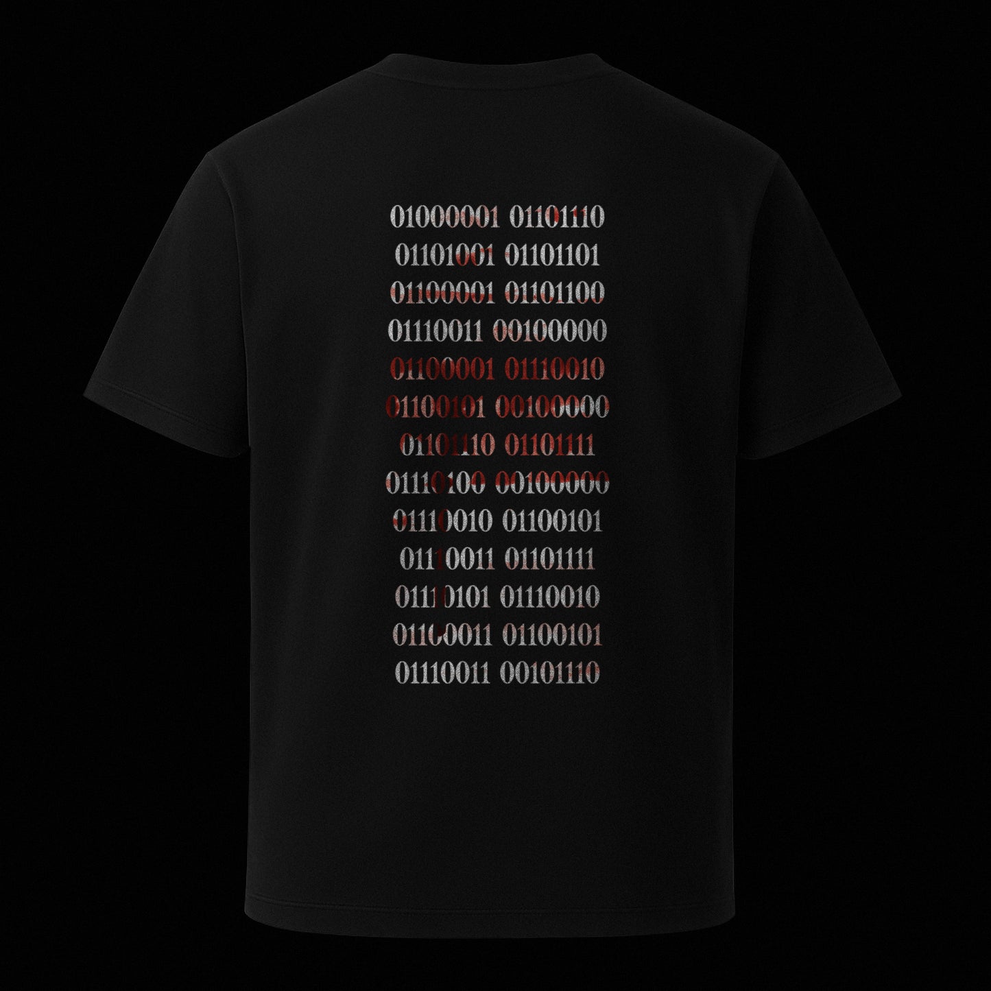 Nachhaltiges Unisex T-Shirt in Schwarz mit digitalem Backprint „Binärcode“ – Stanley/Stella Creator 2.0 von Natura Umbra als Ghost-Mockup.