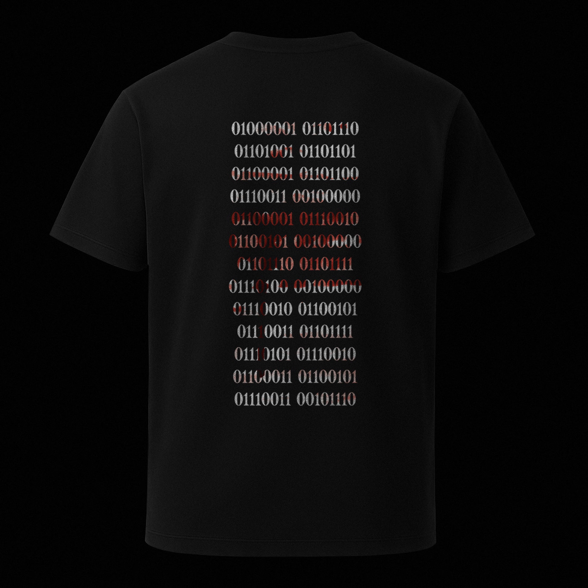 Nachhaltiges Unisex T-Shirt in Schwarz mit digitalem Backprint „Binärcode“ – Stanley/Stella Creator 2.0 von Natura Umbra als Ghost-Mockup.