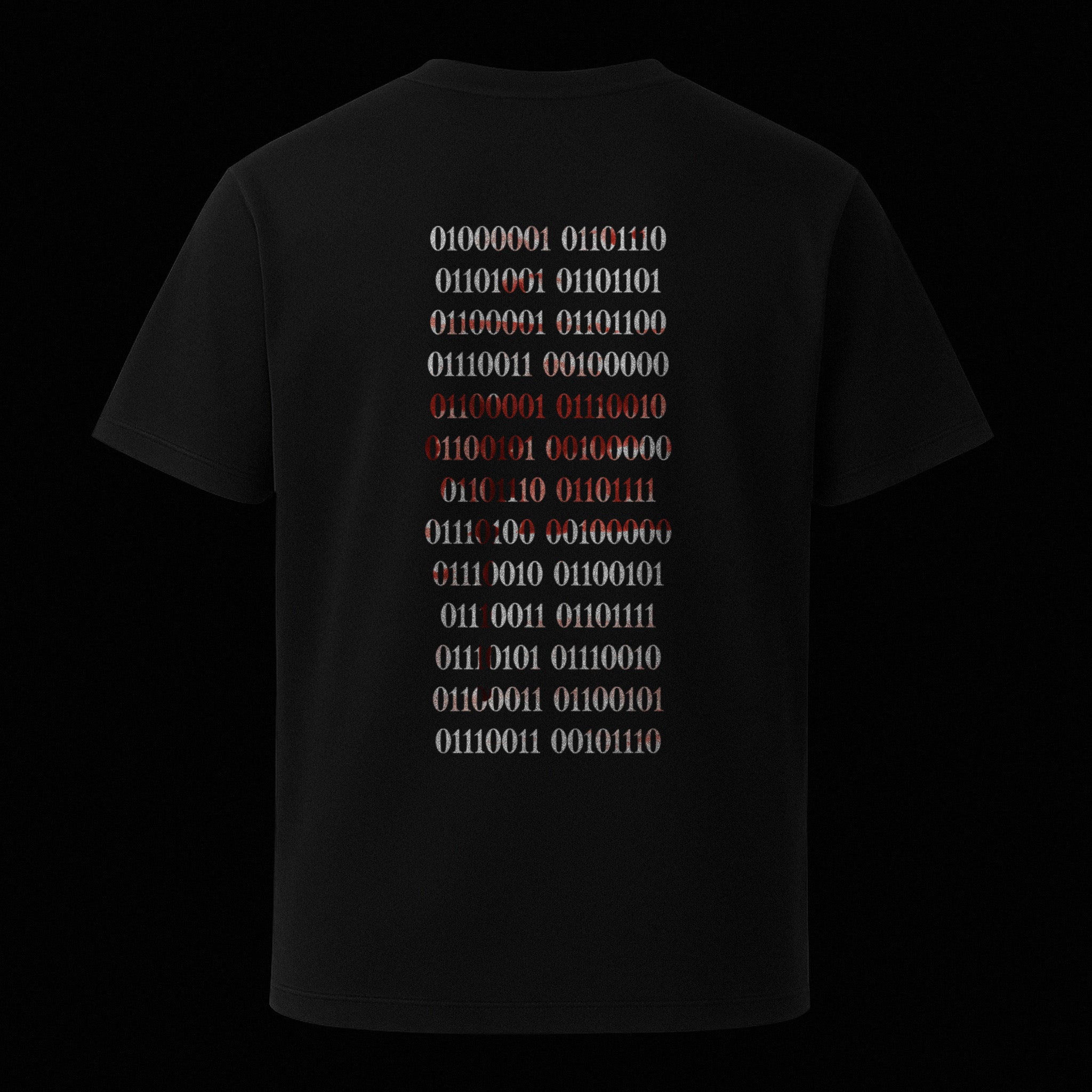 Nachhaltiges Unisex T-Shirt in Schwarz mit digitalem Backprint „Binärcode“ – Stanley/Stella Creator 2.0 von Natura Umbra als Ghost-Mockup.