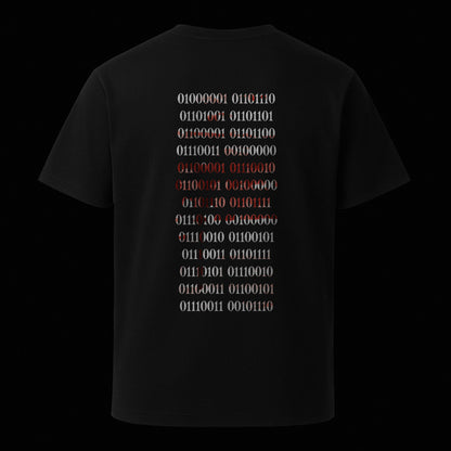 Nachhaltiges Unisex T-Shirt in Schwarz mit digitalem Backprint „Binärcode“ – Stanley/Stella Creator 2.0 von Natura Umbra als Ghost-Mockup.