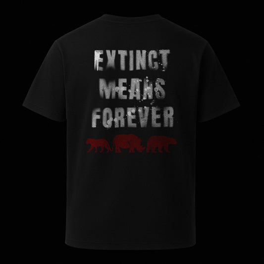 Ghost-Mockup des schwarzen Unisex T-Shirts von Natura Umbra mit Backprint „Extinct means forever“ – Stanley/Stella Creator 2.0.