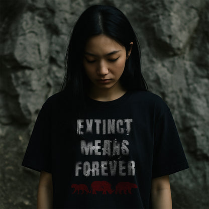Nachhaltiges Unisex T-Shirt in Schwarz mit Frontprint „Extinct means Forever“ – Stanley/Stella Creator 2.0 von Natura Umbra, präsentiert von einem weiblichen Model.