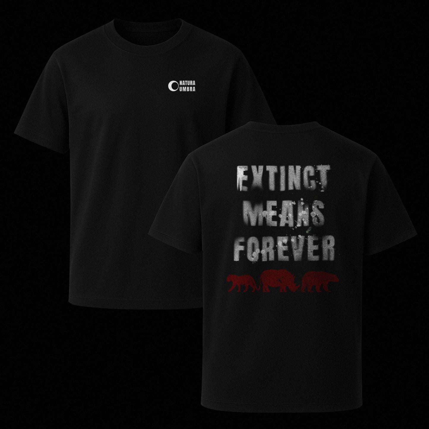 Ghost-Mockup des schwarzen Unisex T-Shirts von Natura Umbra – Stanley/Stella Creator 2.0 mit Frontprint „Natura Umbra“ und Backprint „Extinct means forever“.